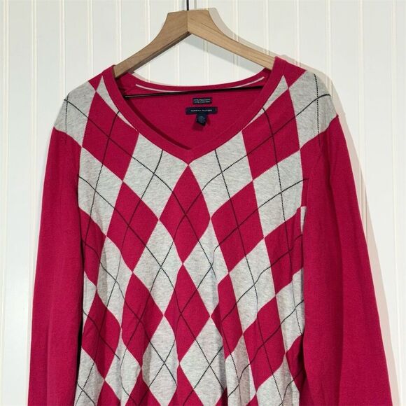 Tommy Hilfiger Women’s XXL Sweater Hot Pink Gray Argyle V-Neck 100% Pima Cotton - Picture 2 of 9